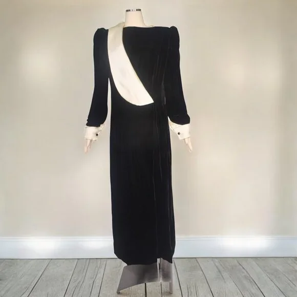 Carolina Herrera Black Velvet Ivory Satin Evening Gown Dress Long Sleeves 14 - Picture 1 of 8